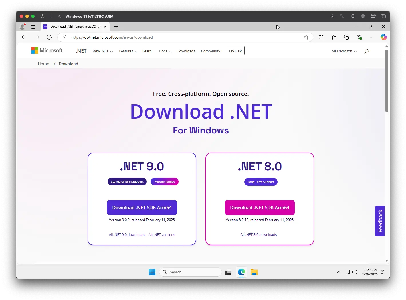 Página de download da SDK do .NET